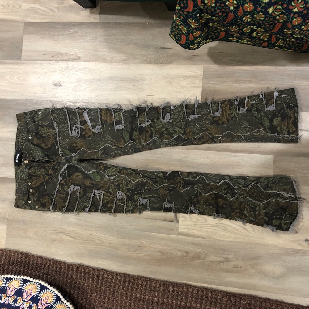 Guapi Camo “Blood Diamond” Stacked Denim Flared Distressed Jeans